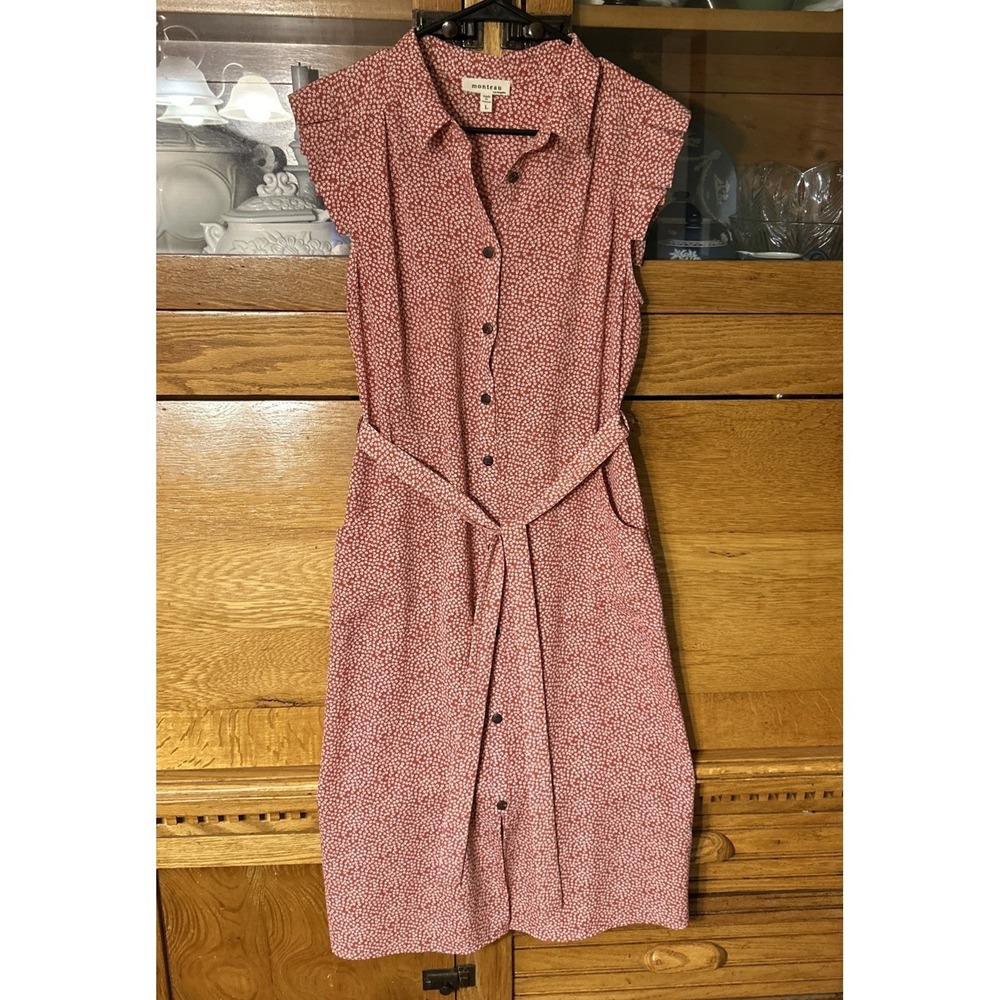 Monteau LA Cottagecore Boho Rust Floral Button Down Shirt Dress Midi Tie Waist - Picture 1 of 12